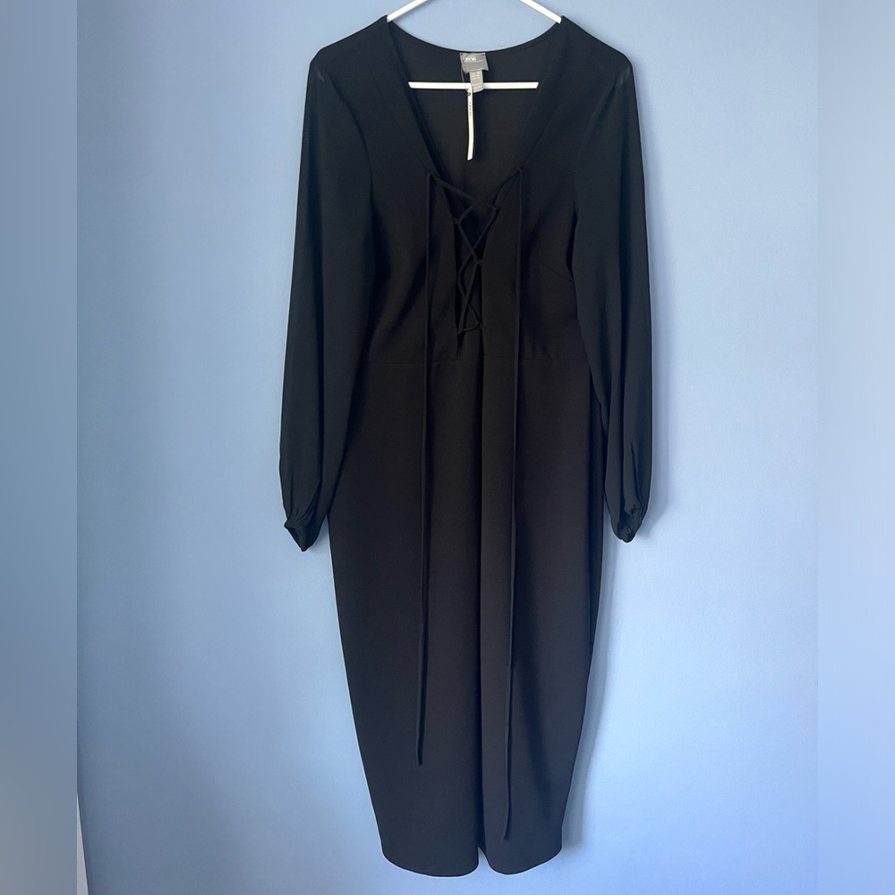 Asos Black Midi Slit Lace Up Long Sleeve Pencil Dress Size 14